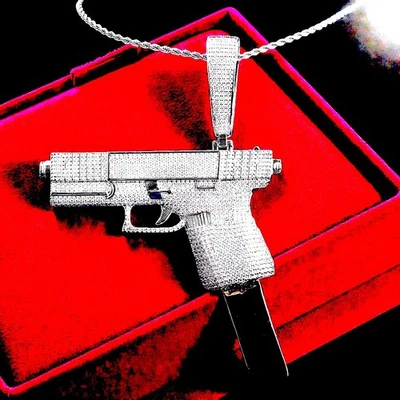 Colgante Iced Out Big Glock para hombre 5A circonita cúbica chapado en oro collar brillante plata 18" Foto 1 de 3