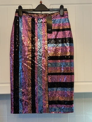 F&F Woman’s Sequin Skirt Size 10 multi colour stripes back slit Party Evening  - Image 1 of 4