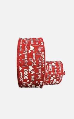 10 Yards 2.5 Inch Wired Ribbon Valentine's Day Sparkly Script Red and White XOXO - Image 1 of 2