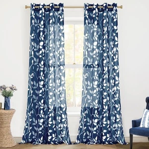 Navy Blue Pattern Curtains 84 Inch Length for Living Room 2 Panels Set,Leaf F... - Picture 1 of 8