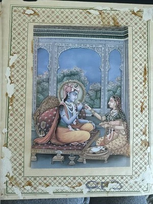 Set of 2 Paintings of Radha Krishna Love Scene on Swing and on Terrace - Image 1 of 4