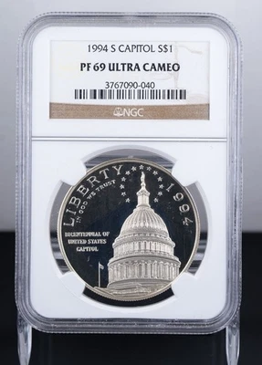 Certified 1994-S Silver $1 NGC PF69 Ultra Cameo Capitol  - Image 1 of 2
