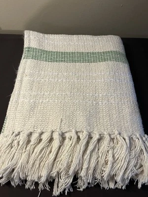 Secret Celebrity Zen Throw White With Green Stripe 62" X 51" Made In India - Image 1 of 4