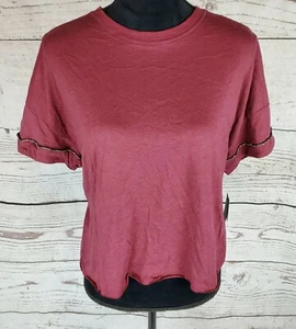 Womens Medium Crop Top T Shirt Crew Burgundy Bling Short Sleeve Casual Tee Wine - Picture 1 of 5