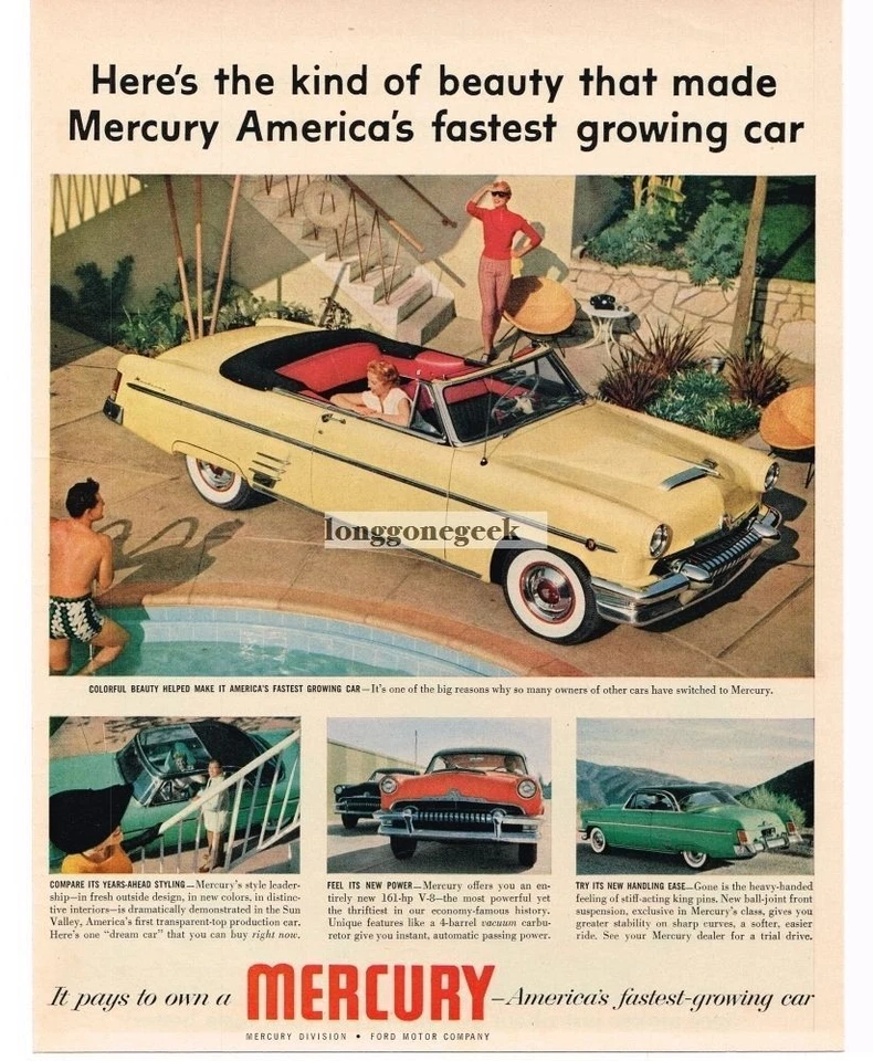 1954 MERCURY Monterey Convertible Yosemite Yellow By The Pool Vintage Print Ad  - Image 1 of 1