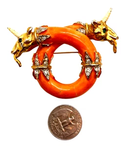 RARE Vintage K.J.L. Mystical Unicorns Circle Brooch Enameled & Rhinestone Inset - Picture 1 of 3