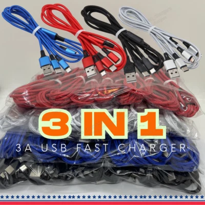 Lot 3A Fast USB Charging Cable 3 In 1 Charger Cord For iPhone USB-C Micro USB - Image 1 of 4