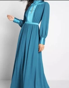 NWT ModCloth Maxi Dress Sz XS Blue Allure Me Retro Style Long Sheer Sleeves - Picture 1 of 10
