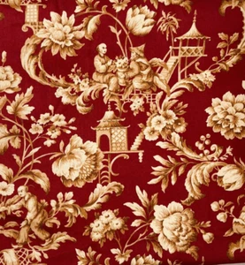 Kingsway Fabric Red Toile “Shanghai” Chinese Country Scene Fabric 5- 1/2 Yards - Picture 1 of 5