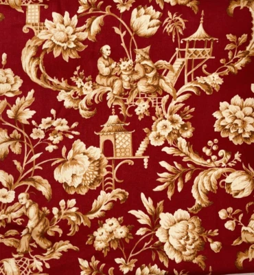 Kingsway Fabric Red Toile “Shanghai” Chinese Country Scene  Fabric 5- 1/2 Yards - Image 1 of 4