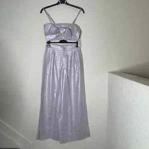 Jason Wu NWT 2 Piece Set Bow Crop Top Wide Leg Pants Women Sz M Purple Metallic - Picture 1 of 23