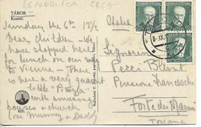 1930 年捷克洛瓦基亚明信片封面从标签到意大利 — 第 1/2 张图片