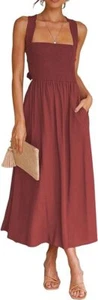 Women Sexy Spaghetti Strap Cut Out Smocked Dress Party Backless Flowy Midi Dress - Picture 1 of 46