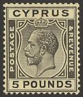 CYPRUS 1924 KGV £5 black on yellow. SG 117a cat £3750. Key top value. Expertised