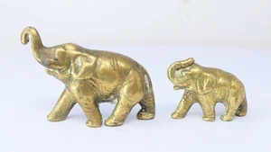Brass Elephant Figures Pair Solid Cast Miniature Sculptures Sand Cast - Picture 1 of 5
