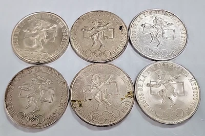 6 lot 1968 Mexico Summer Olympic Games 72% Fine Silver 25 Pesos Coins H43 - Image 1 of 2