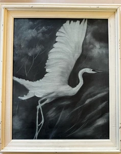 Pintura al óleo de colección Marge Shaheen grúa blanca original enmarcada 25x21 enmarcada - Imagen 1 de 10