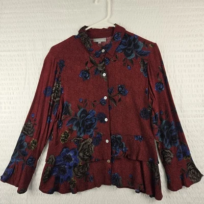 Blusa Top Habitat Mujer Roja Estampado Floral Volantes Puño y Dobladillo Botón Delantero Talla S Foto 1 de 4