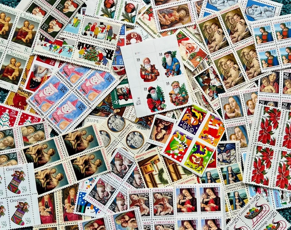 $50 FACE VALUE VINTAGE CHRISTMAS POSTAGE  DRESS UP YOUR HOLIDAY MAIL - Image 1 of 1