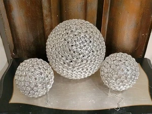 Set Of 3 Crystal Spheres Hanging Silvertone Clear Glass Wedding Holiday Decor - Picture 1 of 5