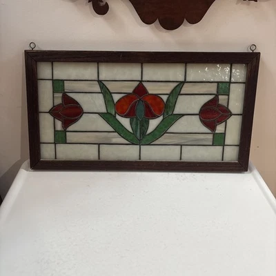Slag & Leaded Glass Panel Window Multi-Color 21” X 11.5” Floral - Image 1 of 4