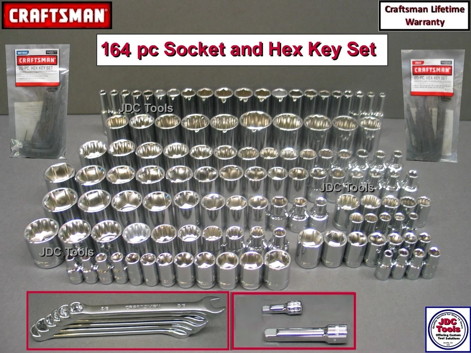 Juego de llaves de vaso CRAFTSMAN 164 piezas 1/4 3/8 1/2 Dr SAE MÉTRICO MM 6pt 12pt 158 116 Foto 1 de 4
