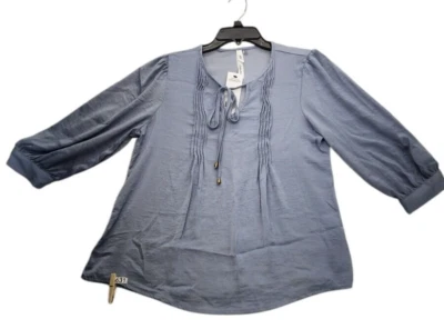 NY Collection Women's Petite Elbow sleeve Satin blue size PM Tie front    M631 - Image 1 of 4