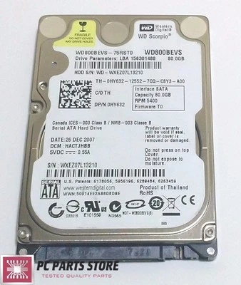 Western Digital 80GB 2.5 WD800BEVS-75RST0 2061-701450-Z00 AG FOR PARTS/REPAIR - Image 1 of 4