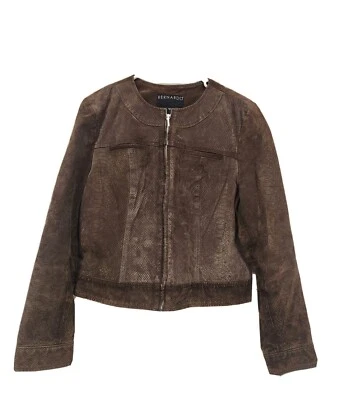 Bernardo Brown Snakeskin Leather Zip Up Jacket, Size Large - Image 1 of 4