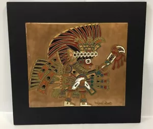 Smalto originale firmato Miguel Pineda su targa rame dio azteco Itztlacoliuhqui - Foto 1 di 12