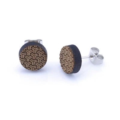 Wooden Ear Studs Kikkou Endless Pattern Round Wood Earring Unisex 10mm - Image 1 of 3