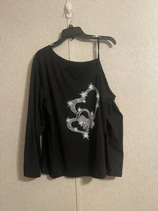Shein Curve Womens Sz 1XL Off Shoulder Solid Black Printed Sparkling Tee - Picture 1 of 8