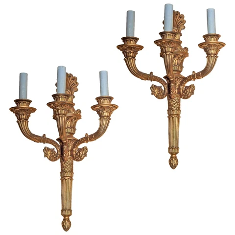 Pair Large French Louis XVI Style Gilt Bronze Sconces Cover