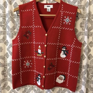 Croft & Barrow Damen Weihnachten Urlaub Knopfleiste Weste Größe Large Schneemann rot - Bild 1 von 4