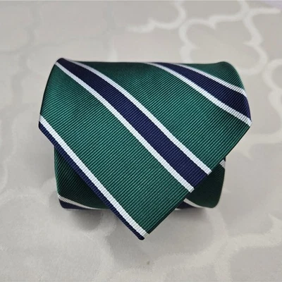 J. Corbata Crew 100 % verde seda con rayas azul marino y gris para hombre estilo clásico de punta Foto 1 de 4