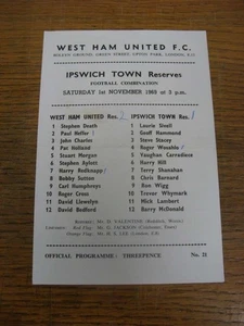 01/11/1969 West Ham United Reserves v Ipswich Town Reserves  (single sheet, fold - Picture 1 of 1