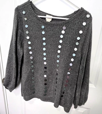Свитер Chicos серый серебристый с блестками бисер длинные рукава вязаный размер большой - Изображение 1 из 4