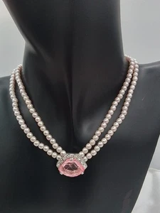 PINK ICE CRACKLED GLASS CHOKER NECKLACE 14" + 3" EXTEND DOUBLE STAND FAUX PEARL - Picture 1 of 17