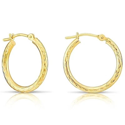 14K Solid Yellow Gold Hand Engraved Full Diamond-Cut Round Hoop Earrings 11-45mm - Image 1 of 4