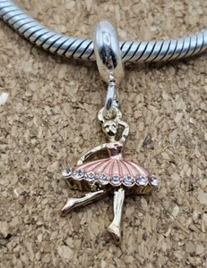 Authentic White Cz Silver Gold Pink Ballerina European Dangle Spacer Charm Bead - Picture 1 of 2