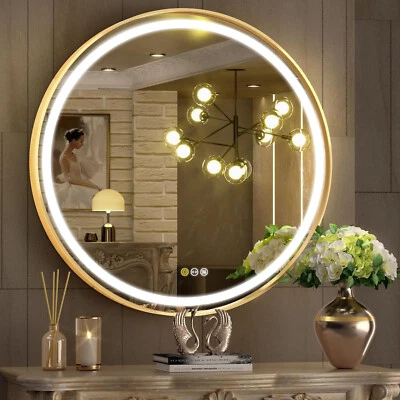 Round LED Bathroom Mirror Gold Metal Frame Lighted Vanity Antifog Dimmable Touch - image 1 of 4
