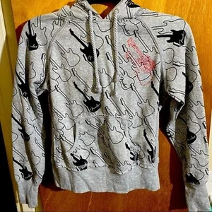 Fender Guitar Pattern Print Hoodie Sweatshirt Gray Pink Rhinestone Girls' Size L - Picture 1 of 9