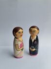 Couple Peg Dolls Finished Hand Made wooden Painted People Shaped Groom & Bride