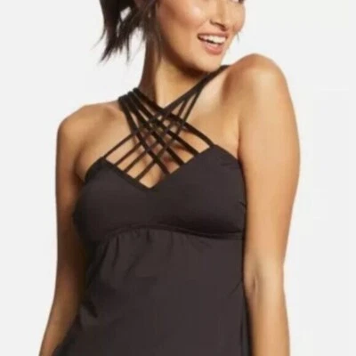 Camiseta Tankini Kenneth Cole Sexy Sólida con Tiras Negra Talla M Nueva Foto 1 de 4