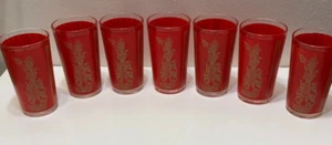 Vintage Federal Glass Tumblers SET OF 7 Asian Goddess Dancers Red Tan 5" T - Picture 1 of 9