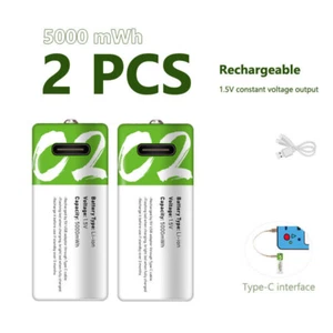 2PCS Rechargeable Battery USB C2 1.5V Fast Charge Li-ion Type C Cable 5000mWh - Picture 1 of 4