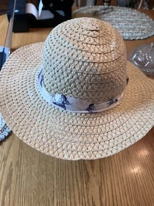 women's  Straw Beach Ruffle Edge Sun Hat with ribbon/ Blue Butterflies - Picture 1 of 3