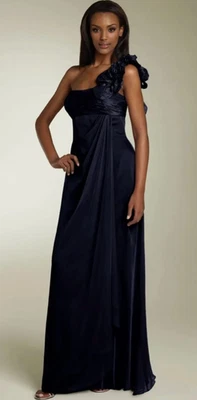Teri Jon Rickie Freeman One Shoulder Rosette Strap Gown Blue Flower Chiffon 4 - Image 1 of 4