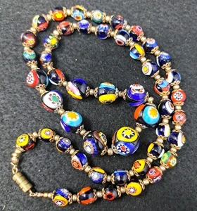 Vintage Colorful Murano Millefiori Art Glass Bead Necklace 27” - Picture 1 of 9