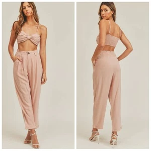 MABLE Womens Cropped Linen Tank Top & Linen Pants Set Size Small Dusty Pink Chic - Picture 1 of 5